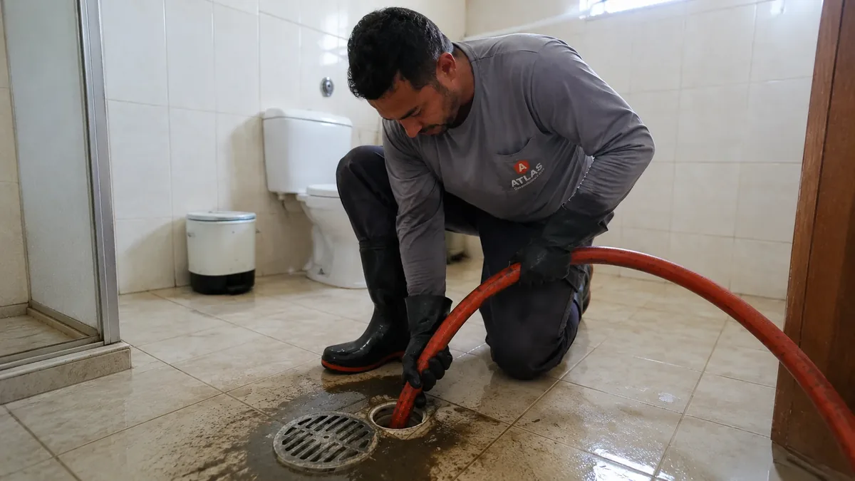 Técnico realizando desentupimento de esgoto